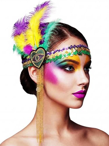 Woeoe Mardi Gras Headband Feather Purple Headpiece Rave Prom Hair Accessories for Women