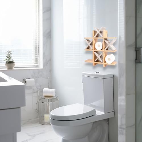 Tic Tac Toe Toilet Paper Holder Stand with 4pcs Beige Taupe Paint Bamboo Wooden X Toilet Paper Storage Bathroom Hanging Storage Wall Mounted Shelves Wall Decor for Toilet Tissue Farmhouse Decor by Timani - Image 6