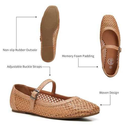 Image of Trary Mary Jane Shoes Women Woven Flats for Women Dressy Ballet Flats Squared Toe Mary Jane Flats Shoes
