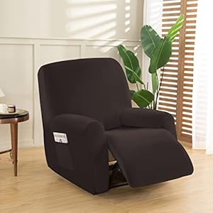 Housse de Fauteuil Relax, OKYUK Housse de Fauteuil inclinable Haute élasticité pour Fauteuil inclinable 4 pièces avec Poches latérales, Housses de Protection Amovibles et lavables（Café）