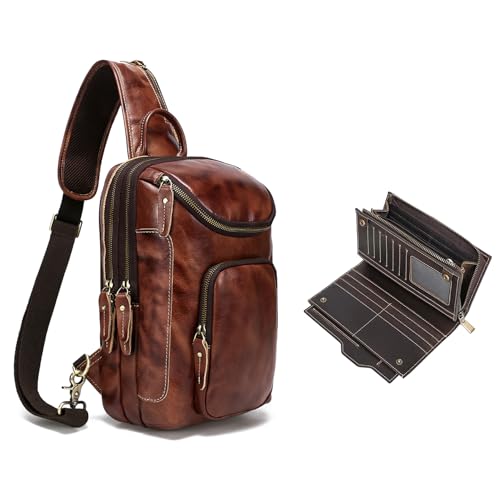 LANNSYNE Vintage Full Grain Leather Sling Bag Crossbody Chest Daypack And Travel Passport Long Wallet for Men/Women RFID Blocking