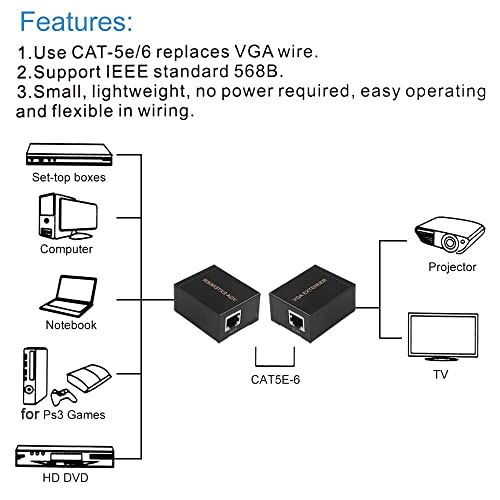 Image of VGA Extender to LAN Ethernet Adapter Amplifier VGa Extendr Over RJ45 LAN Cable Up to 60 Meter (60M VGA Extender)