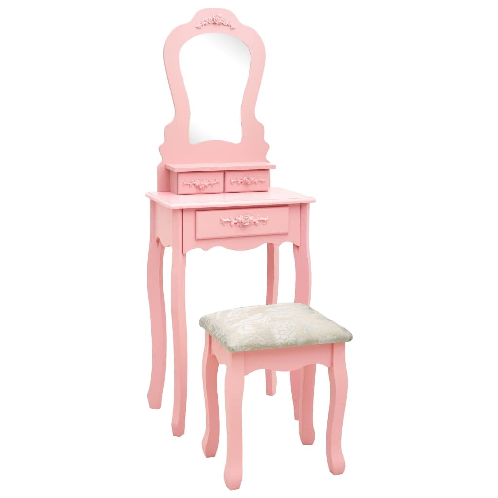 Juego de tocador con taburete de madera de paulownia rosa, 50 x 59 x 136 cm, con espejo, 1 cajón grande, 2 cajones pequeños, para dormitorio, baño, niña