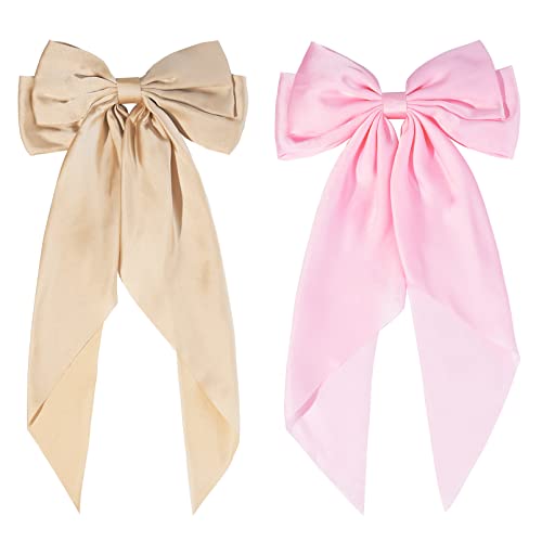 2Pcs Large Hair Bows For Women Pink Hair Bows Ribbon Silky Satin Hair Barrettes Hair Slides Metal Clips Vintage 90'S Accessories For Girls #TOP19