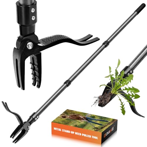 GOXAWEE Metal Stand Up Weed Puller Tool - 45" Garden Weeding Tool with Steel Long Handle & 4-Claw Steel Head - Effortlessly Remove Weeds Without Bending/Kneeling - All Steel Construction