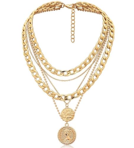 CaySep Layered Necklace for Women-Trendy Retro Portrait Coin Pendant Choker Necklace Dainty Chunky Chain Choker Necklaces