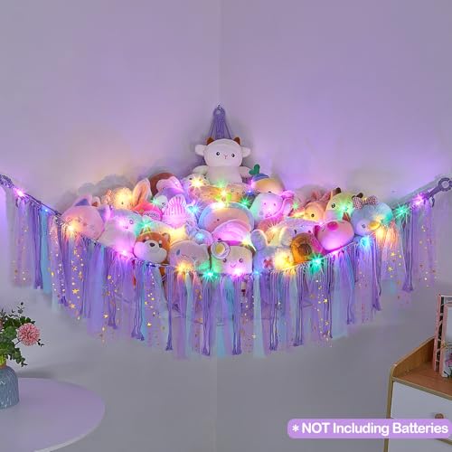 Image of FIOBEE Stuffed Animals Net LED Light Toy Hammock for Kids Bedroom Storage | Stuffed Animals Storage Organizer, Girls Room Decor, Teddy Bear Holder, Space Saving, for Kids Nursery Bedroom Playroom