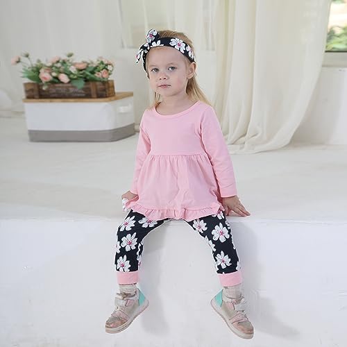 Image of Toddler Baby Girl Clothes Solid Color Long Sleeve Ruffle Tops Pants Headband Outfits Set