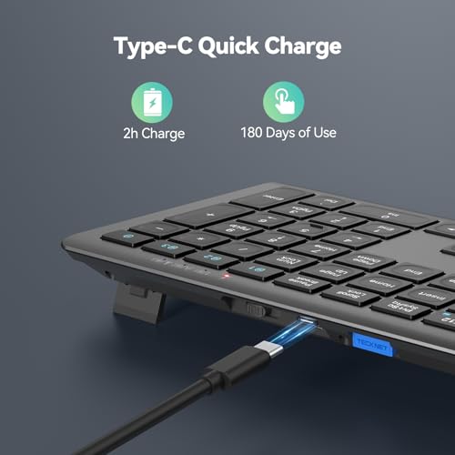 Image of TECKNET Bluetooth Keyboard Rechargeable 4-Device (2.4G+BT) | Multi-device Free Switching, Ultra-Slim, Numeric Keypad, Quiet Full Size Wireless Keyboard for PC /Laptop /Smart TV /Phone