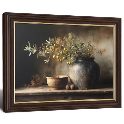 Image of Framed Vintage Olive Branch Still Life Canvas Wall Art, Rustic Pottery Vase Oil Painting Canvas Prints Pictures, Farmhouse Kitchen Wall Decor for Living Room Bedroom Dining Room