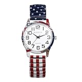 JewelryWe Unisex Elastic Band Watch: Men Women Easy Reader Arabic Numerals Dial Analog Quartz Small Strench Strap Wristwatch for 250th Anniversary of Independence Day