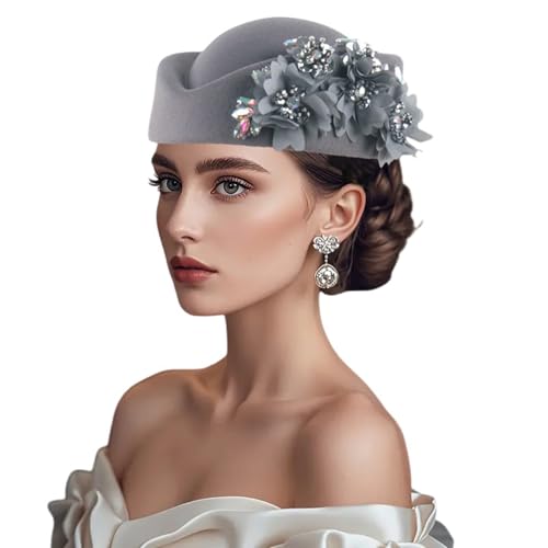 YPLOJOUO Women Vintage Church Hats Crystal Flower Applique Felt Pillbox Hats Fascinator Tea Party Caps (Z1-Gray ONE Size)