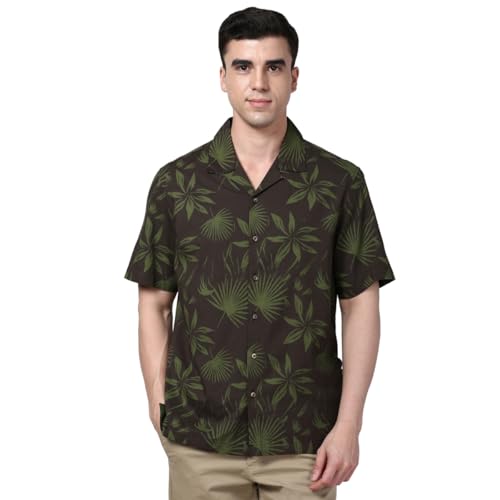 Image of Peter England Men's Cotton Blend Classic Fit Floral Print Casual Shirt | Cuban Collar, Half Sleeves | Casual Wear