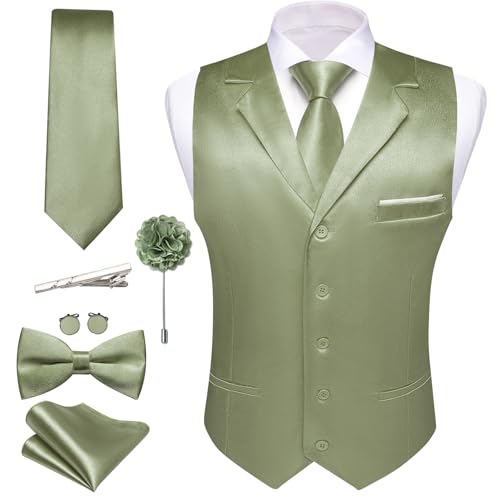 Image of Barry.Wang Mens Satin Formal Suit Vest Tie Bowtie Set 8PC Lapel Collar Casual Slim Fit Waistcoat Wedding Party Tuxedo, Sage Green, Large