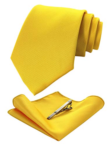 JEMYGINS Set Cravate Homme avec Pochette et Pince a Cravate Unie pour Mariage Business et Ceremonie Jaune Clair