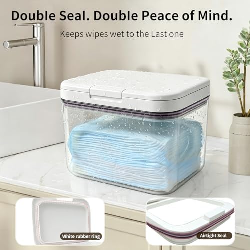 Double-Seal Protection Makeup Wipes Container, Clear Flushable Wipes Dispenser, One-Hand Open Makeup Remover Wipes Dispenser Keeps Wet Wipes Fresh for Bathroom (White) - 3