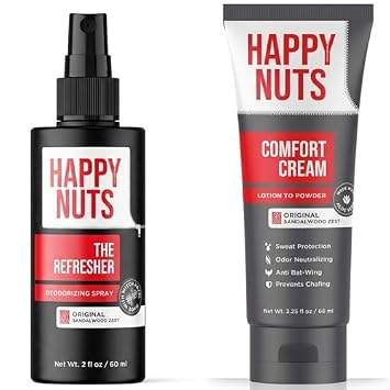 HAPPY NUTS The Refresher Intimate Spray & Aluminum-Free Comfort Cream OG 2.25oz Bundle - Complete Ball & Body Cleansing & Odor Defense for Men