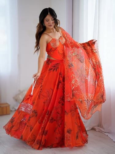 Image of MARUTI FASHION HOUSE Readymade Lehenga Choli Indo-Western Set For Womens & Girls Heavy Pure Organza digital printed 8mtr flair lehenga with canvas patta can can and with dori Chaniya Choli Wedding