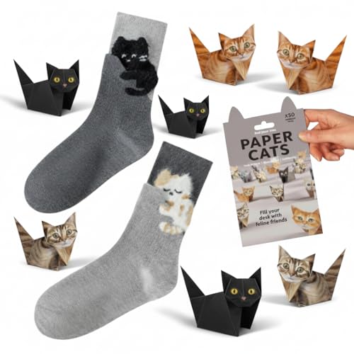Yoaier Cat Origami Kit with Socks - 50 Sheet Paper Craft Set to Fold 3D Cute Cats Cat Lover Gift Bundle with 2 Pairs Novelty Socks Desk Decoration Handmade Craft for Pet Lovers