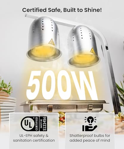 Image of SYBO Commercial Grade Food Heat Lamp, Electric 2-Bulb Heating Lamp Warmer for Food with Adjustable Stand, 500W, Silver