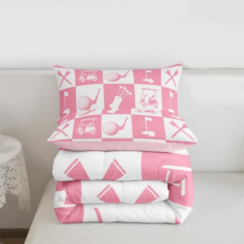 Image of Feelyou Golf Comforter Set Full Size Pink White Plaid Buffalo Check Geometric Bedding Set for Kids Boys Girls Sports Theme Duvet Quilt Bedroom Decor Microfiber 3 Pcs with 2 Pillow Cases