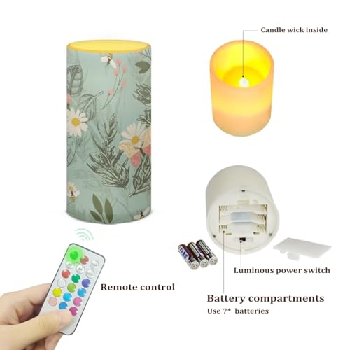 Image of LED Flameless Candles Battery Operated with Remote Timer 5.9'' Tealight Realistic Electric Candle Pillar Lights 12 Color Changing for Indoor Outdoor Home Decor, Daisy Leaf Butterfly Bee