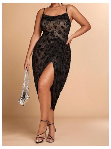 Image of WDIRARA Women's Plus Size Tie Dye Bodycon Long Dress Cowl Neck Sleeveless Ruched Split Cami Dresses