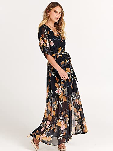 Image of ANRABESS Womens Boho Floral Wedding Guest Maxi Dress | Flowy A-Line Chiffon with Slit, Elegant V Neck Wrap Elastic Waist, Casual 1 /2 Sleeve Spring Summer Outfits, Tea Party