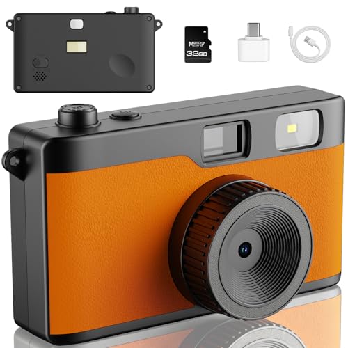 Retro-Digitalkamera Bildschirmlose Vintage-Kamera mit Aufhelllicht 12-MP-Fotos Einwegkamera-Ersatz DIY-Filter Wiederaufladbare Camera mit 32GB microSD-Karte für Tausende von Fotos OTG-Adapter Orange