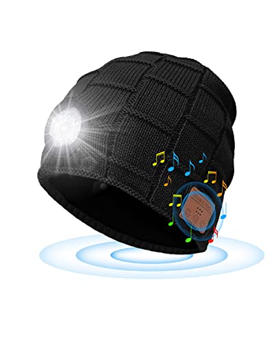 Gifts for Men Bluetooth Beanie Hat with Light Upgraded V5.0 Bluetooth Hat with Torch Built in for Running Wireless Music Beanie USB Rechargeable Gifts Stocking Fillers for Men Black Checkered