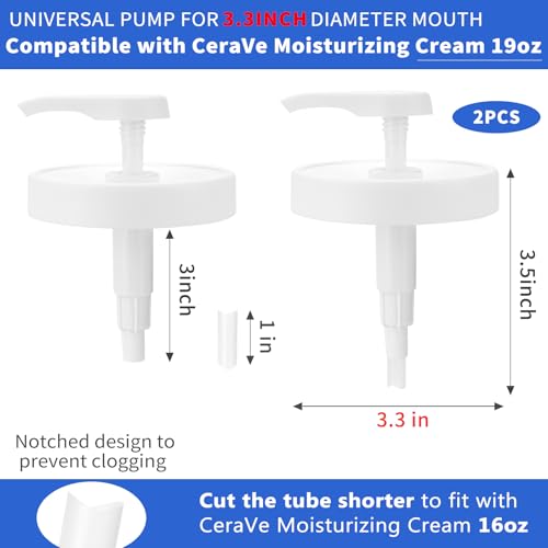 Pump Lid for CeraVe Moisturizing Cream 19oz (2Pcs) Universal Pump for 3.3inch Diameter Mouth, Cream Pump Dispenser Fits for CeraVe 16oz Jars When Cut Tube Short3