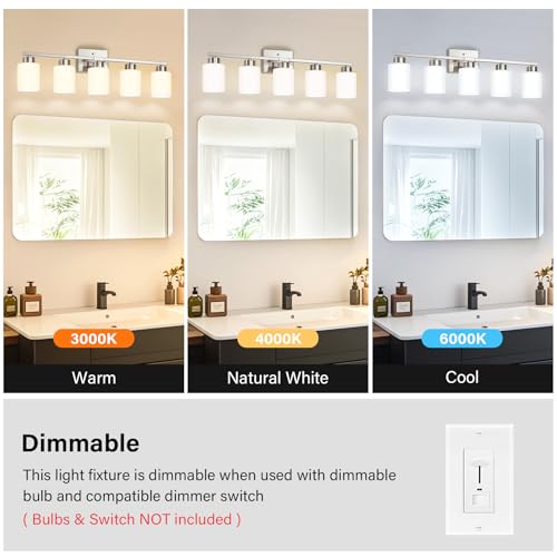 Image of FonmYim Brushed Nickel Bathroom Light Fixtures, 5-Light Modern Vanity Light Over Mirror, Wall Sconces with Milky White Frosted Glass Shades, E26 Socket (Bulbs Not Included)