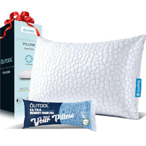 Image of QUTOOL Cooling Pillow for Sleeping, CertiPUR-US Shredded Memory Foam Queen Pillow Set of 1, Cool Pillow for Hot Sleepers Adjustable Firm Pillow for Side, Back, Stomach Sleepers Soft Yet Support, White