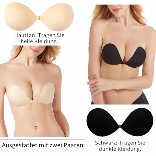 2 Pairs Invisible Sticky Bra for Women, Backless Strapless Adhesive Push Up Lift-up Bra, Reusable Stick On Bra for Women Backless Dress, Wedding, Evening Dress & Special Outfits (B Black & Skin)