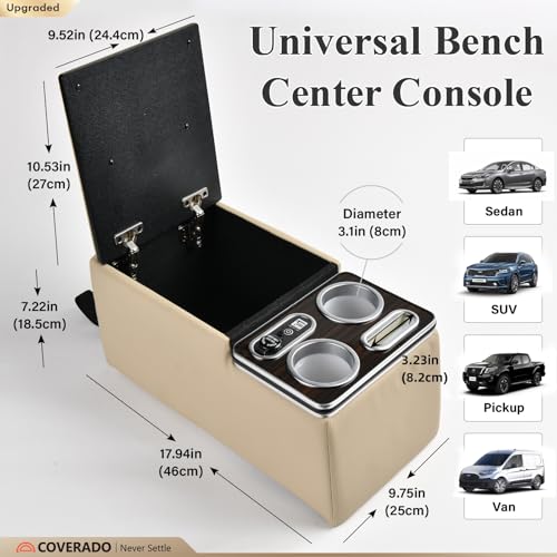 Image of Coverado Car Center Console, Universal Rear Bench Seat Consoles, Back Seat Car Organizer, Seat Organizer with Cup Holder+Phone Holder, Central Armrest Box Back Seat Storage Box (Upgraded, Beige)