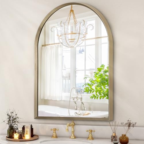 Image of Bathroom Arched Wall Mirror Brushed Metal Vanity Wall Mounted Mirror for LivingRoom Bedroom Entryway Room Vanity Home Decor 26 inchx18 inch