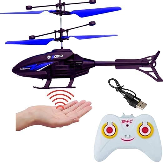 Flying Helicopter with Hand Induction and Remote Control | Electronic Radio RC Remote Control Toy | Charging Helicopter with Safety Sensor for Kids (Black Blue)