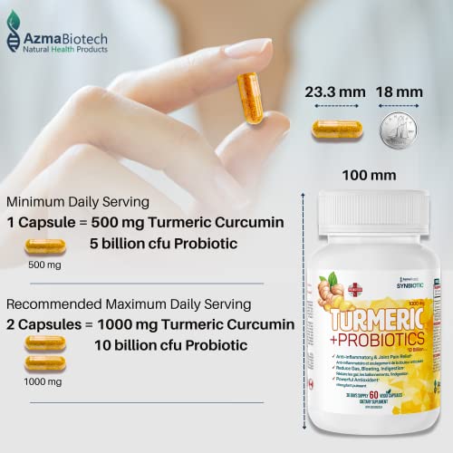 Azmabiotech Turmeric Probiotic Supplement, Plant Based Vegan Curcumin Capsules, Turmeric 1000 Mg, Probiotic 10 Billion - 60 Capsules #TOP1