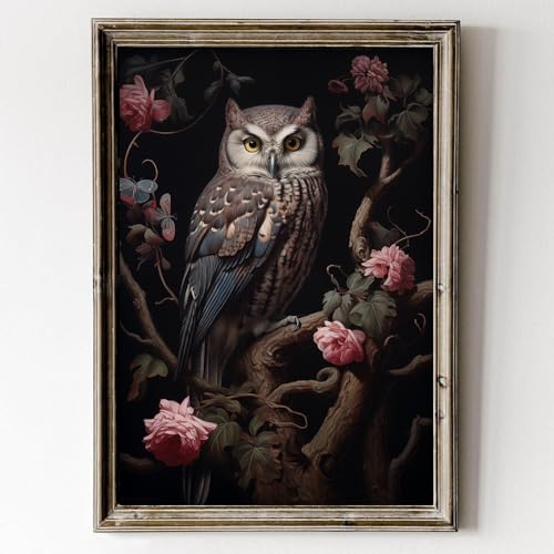 Vintage Owl Wall Art Dark Academia Floral Print Poster Black Gothic Owl Painting Vintage Gothic Flor