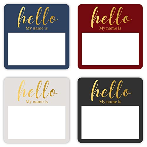 Mobiusea Creation Hello My Name is Tag | Gold Foil | Perforated 2.5 x 2.5 Inch Large Labels Roll | Black, Blue, Red and Grey | 100pcs Stickers Name Badge for Business and Conference