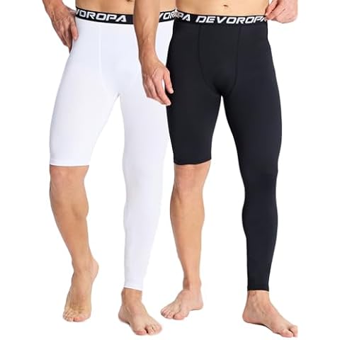 DEVOROPA Mens One Leg Compression Pants 2-Pack Quick Dry Basketball Running Tights Sports Leggings Athletic Baseball Base Layer Black/White M Cover