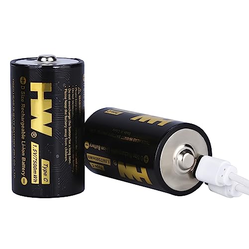 HW Rechargeable D Cell Batteries, Lithium D Battery with 2 in 1USB-C Cable Fast Charger, 2 Pack 7500mWh D, Over 1000 Cycles, Long Lasting Size D Batteries for Flashlight, Camping Light