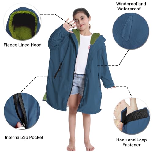 Image of Hiturbo Warm Kids Swim Parka: Waterproof Changing Robe - Oversize Swimming Coat - Hooded Surf Poncho - Thick Lining (7-14Y)