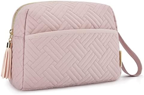 BAGSMART Makeup Bag, Elegant Roomy Cosmetic Pouch for Purse,Travel Zipper Pouch,Water-resistant Toiletry Bag,Makeup Accessories Organizer,Pink