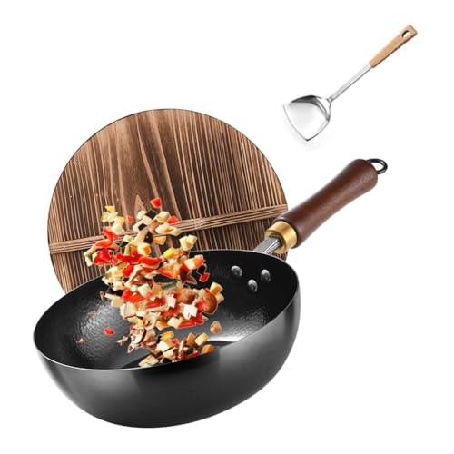 中華鍋 鉄 職人手作り 焦げ付かない 高純度鉄製 フライパン 窒化処理/錆びない/軽量設計 ガス&IH対応 中華料理/野菜炒め/揚げ物に最適 鉄分補給可能な化学コーティングなし 木柄調理器具 省エネ中華鍋 木製カバー付き ステンレス製シャベル (20cm)