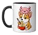 Funny Cute Axolotl and Corgi Dog Eating Ramen Anime Noodle Ceramic Mug, Black/White