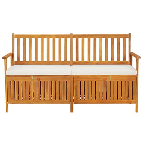 Augerlite Baúl de madera maciza de acacia con cojín de 148 cm, resistente a la intemperie, banco de jardín con espacio de almacenamiento, banco de jardín para terraza, balcón, cómodo banco exterior