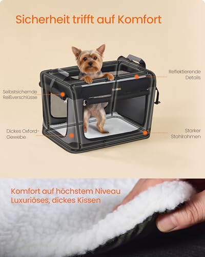 Feandrea Hundebox faltbar, 50 cm Transportbox für kleine Hunde, Hundetasche, Oxford-Gewebe, mit 4 Türen aus Netzstoff, Griffen, Taschen für Futter und Wasserflasche, tintenschwarz PDC015BH02