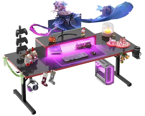 Devoko Gaming-Schreibtisch mit LED, Gaming-Schreibtisch mit Monitorständer, Kohlefaser-Beschichtung, T-Rahmen-Design, ergonomischer Computertisch mit Getränkehalter und Kopfhörerhaken, 180 x 60 cm,