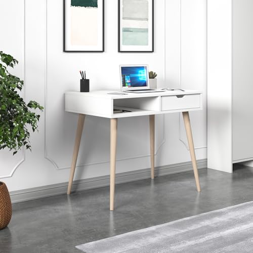 Elegante Escritorio de Estudio con opción de Montaje en Pared, Acabado Blanco y Madera, 90 x 80 x 60 cm, 100% melamina, 18 mm de Grosor, múltiples bandejas para organización